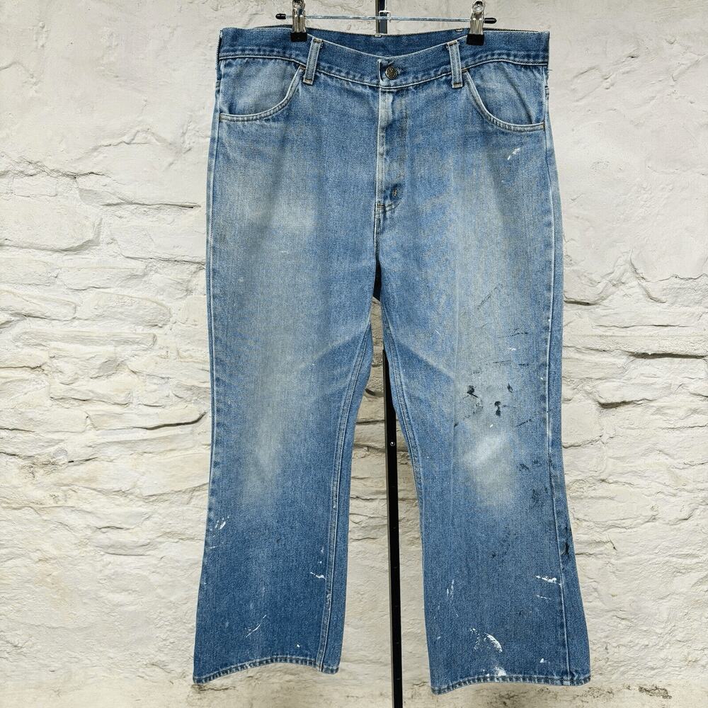 Thumbs Up Vtg 70's Paint Splatter Distressed Faded Denim Flare Leg Jeans 34x28